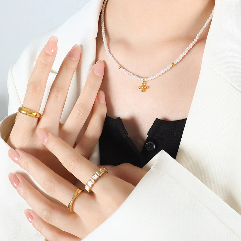 Pearl Necklace With Beads Cross Pendant