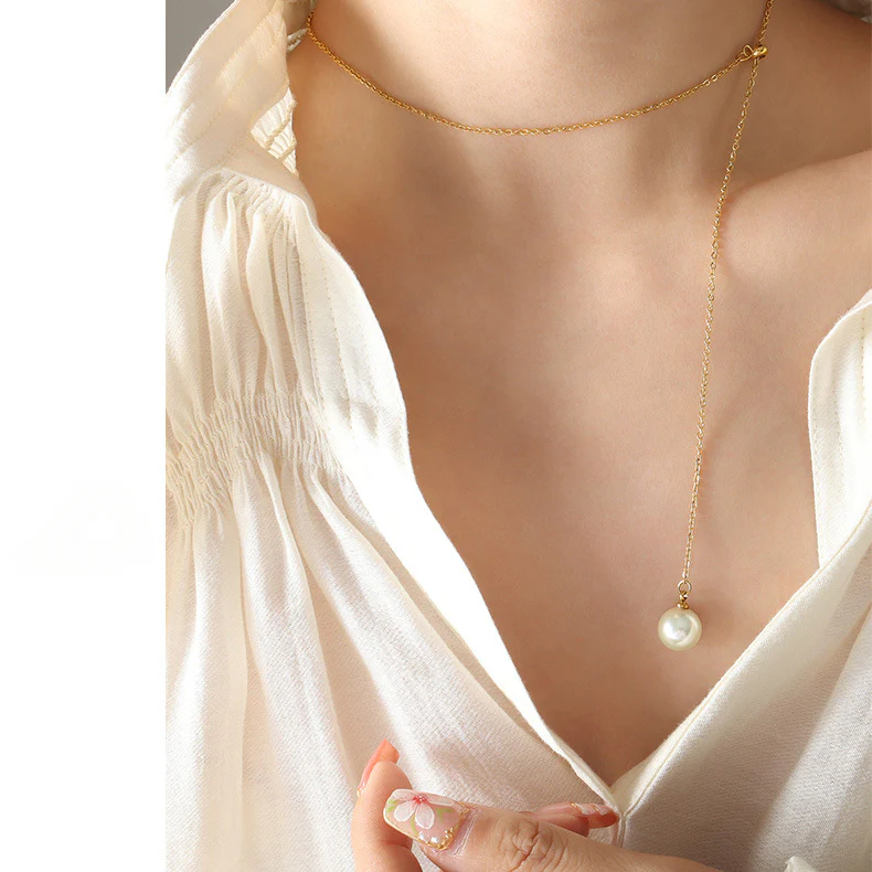 Pearl Drop Y Adjustable Pull Chain Necklace