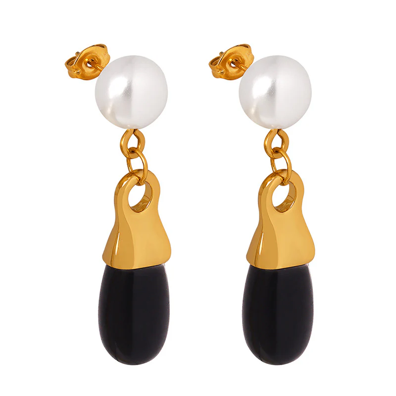 Drop Black Glass Stone Pearl Stud Earrings