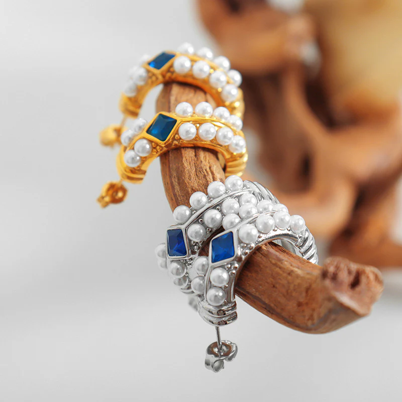 C Shape Pearl Blue Sapphire Earrings