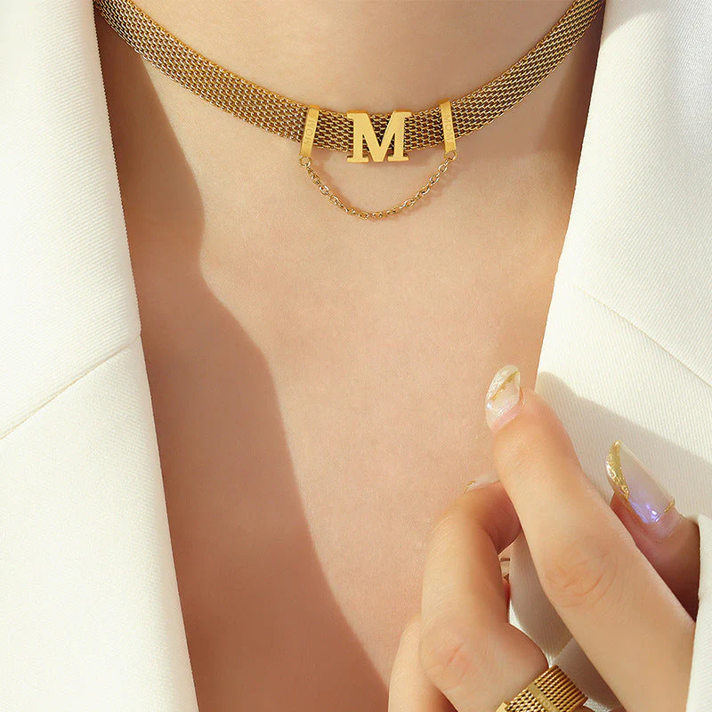 Letter M Pearl Pendant Wide Flat Necklace and Bracelet Set