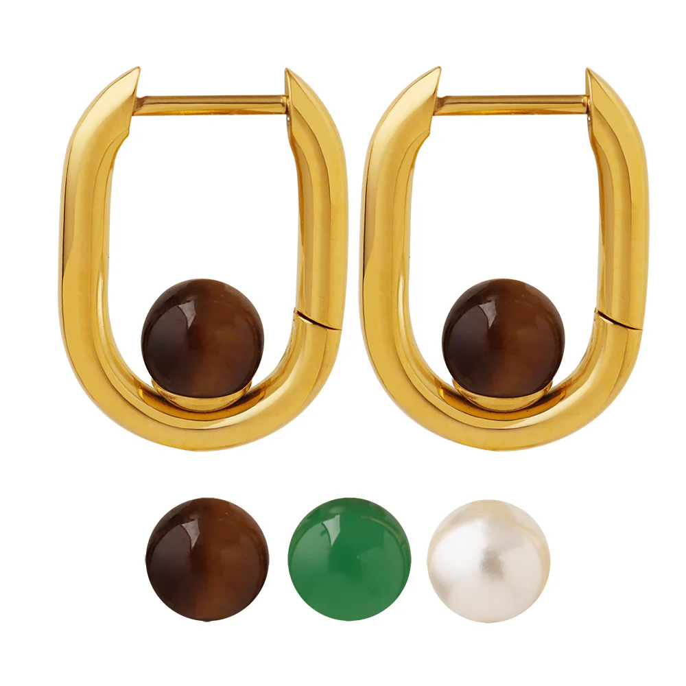 Geometric U Shape Tiger Eye Stone Green Agate Pearl Earrings