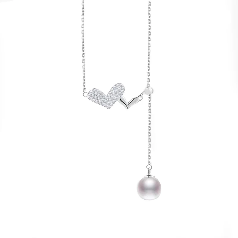 S925 Heart Pearl Dangle Girly Necklace