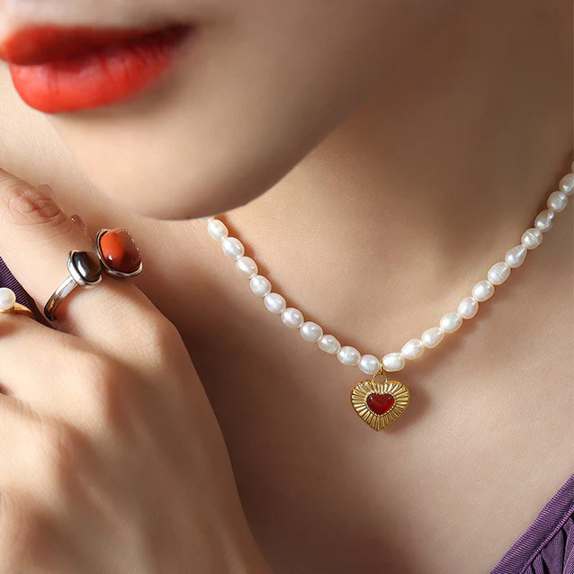 Heart Pendant Inlay Red Agate Freshwater Pearl Necklace