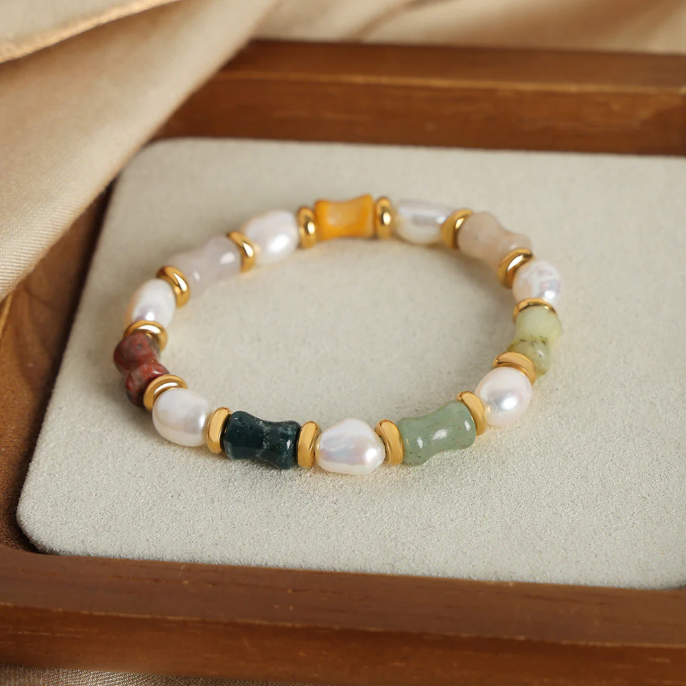 Natural Color Stone and Baroque Pearl Bracelet