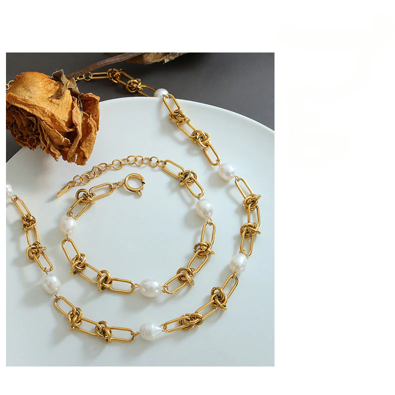 Paperclip Pearl Necklace And Bracelet Set