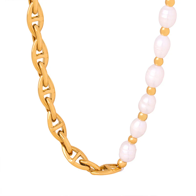 Freshwater Pearl Splicing Gold Thick Geometric Chain Necklace