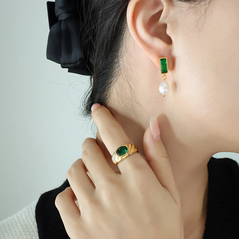 Black Zircon and Emerald Pearl Drop Earrings
