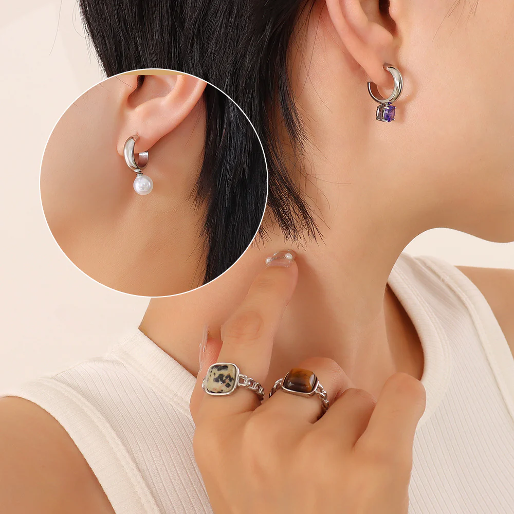 AB Asymmetrical Green Purple Zircon Pearl Earring