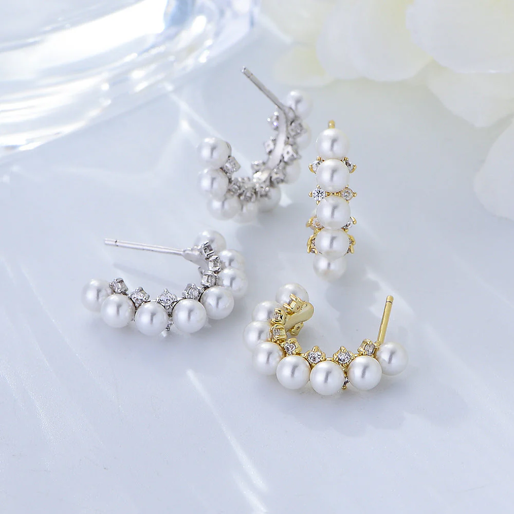 Pearl Half Hoop Earrings With Diamond