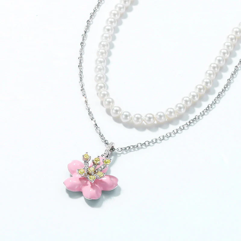 Two Layers Cherry Blossom Pendant  Pearl Necklace