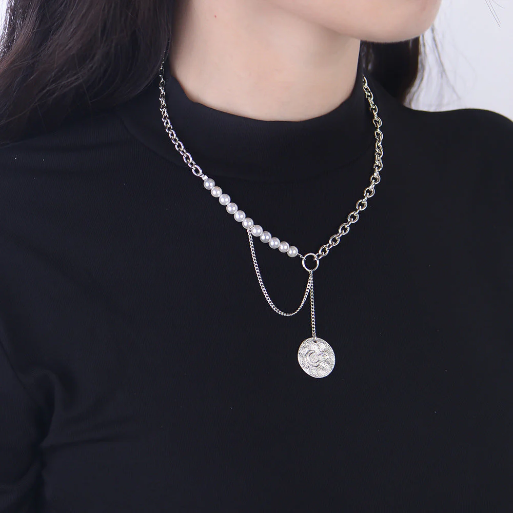 Pearl Necklace Embossed Coin Pendant