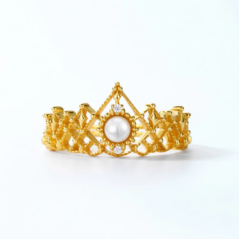 Hollow Lace Pearl Crown Ring
