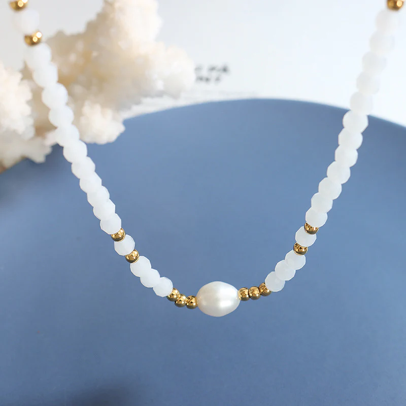 White Glass Beads and Freshwater Pearl Beaded Necklace