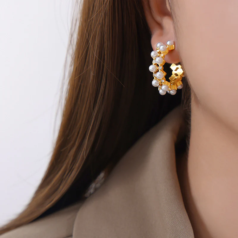 Geometric C Shape Inlay Diamond and Pearl Earring