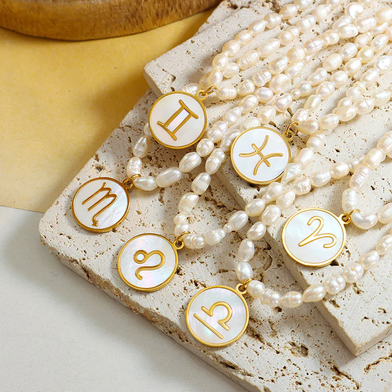 12 Constellation Zodiac Sign Round Pendant Freshwater Pearl Necklace