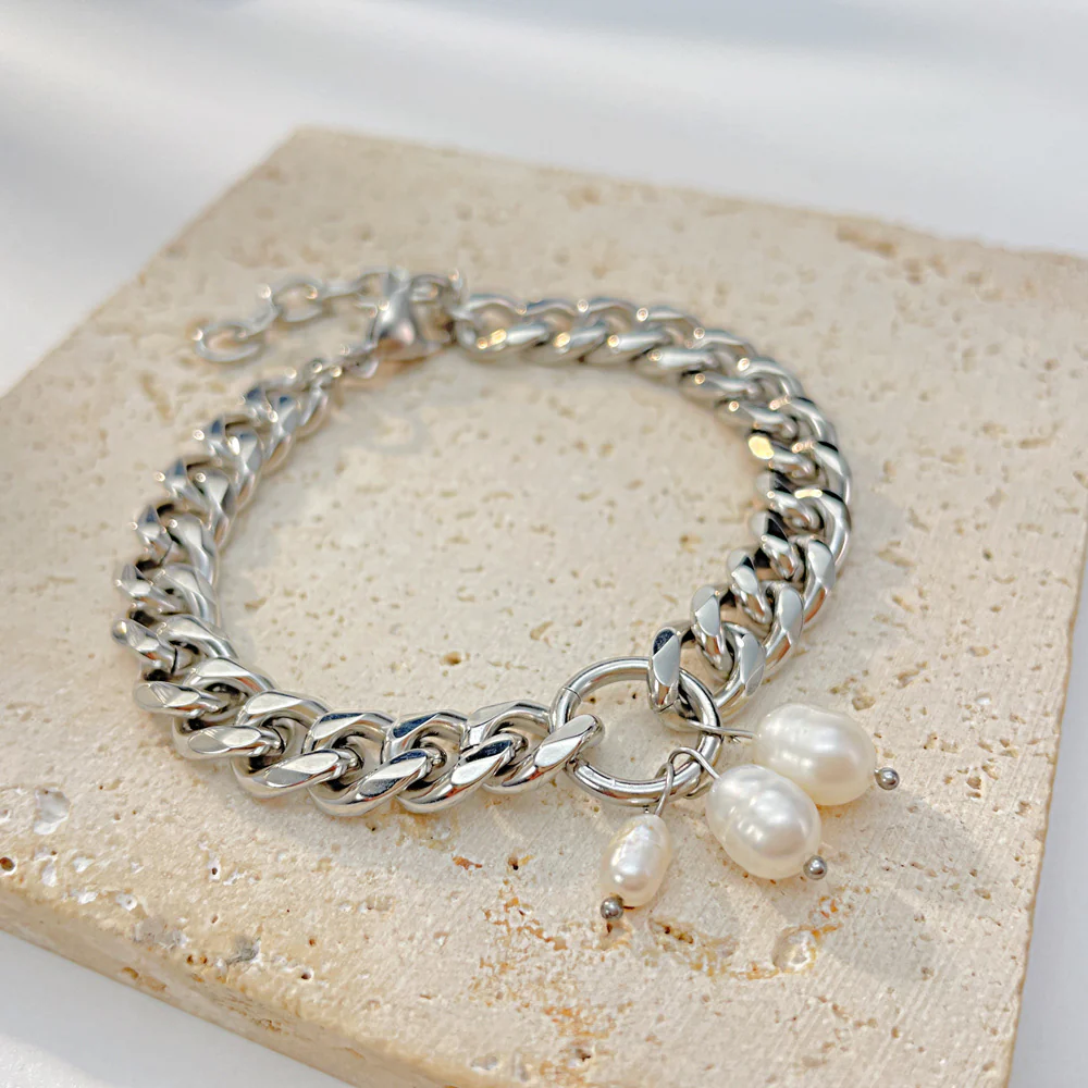 Chunky Cuban Chain Freshwater Pearl Charms Bracelet