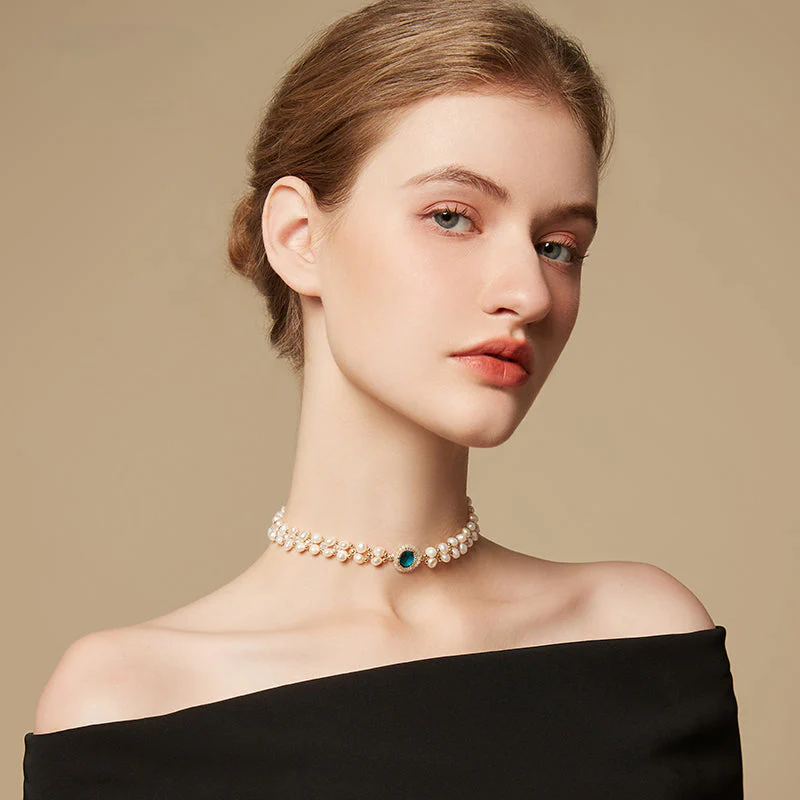 Pearl Choker Necklace Bracelet Set
