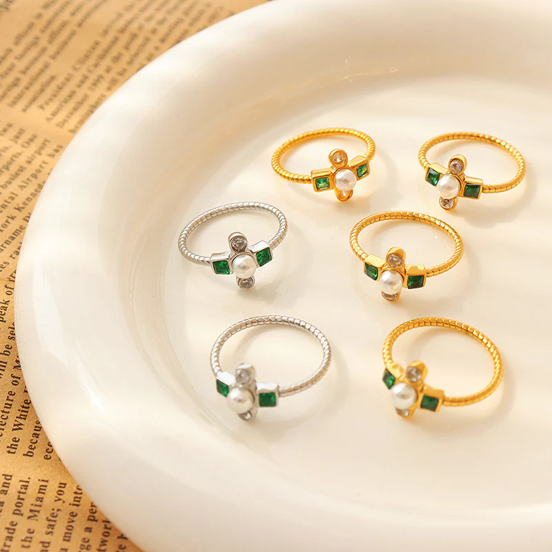 Emerald Zircon and Pearl Cross Ring