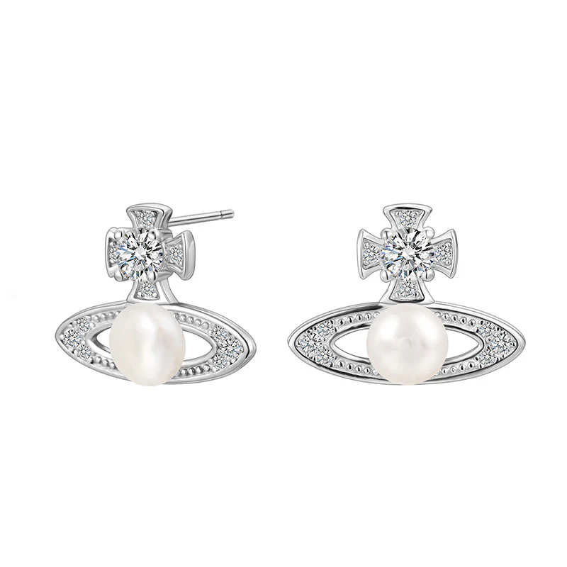 Minimalistic Cross Saturn Stud Earrings