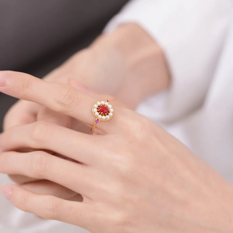 Red Coral and Pearl Ring