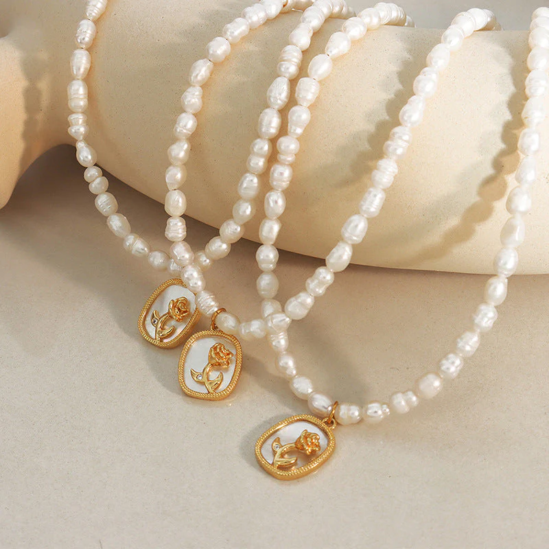 Elegant Rose Tag Pearl Necklace