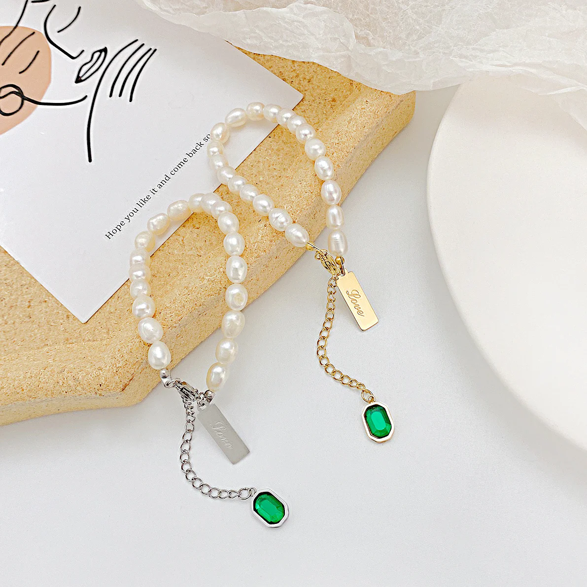 Emerald Zircon Freshwater Pearl Bracelet