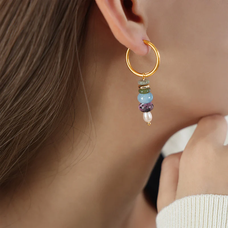 Circle With Natural Stone Pearl Drop Earring