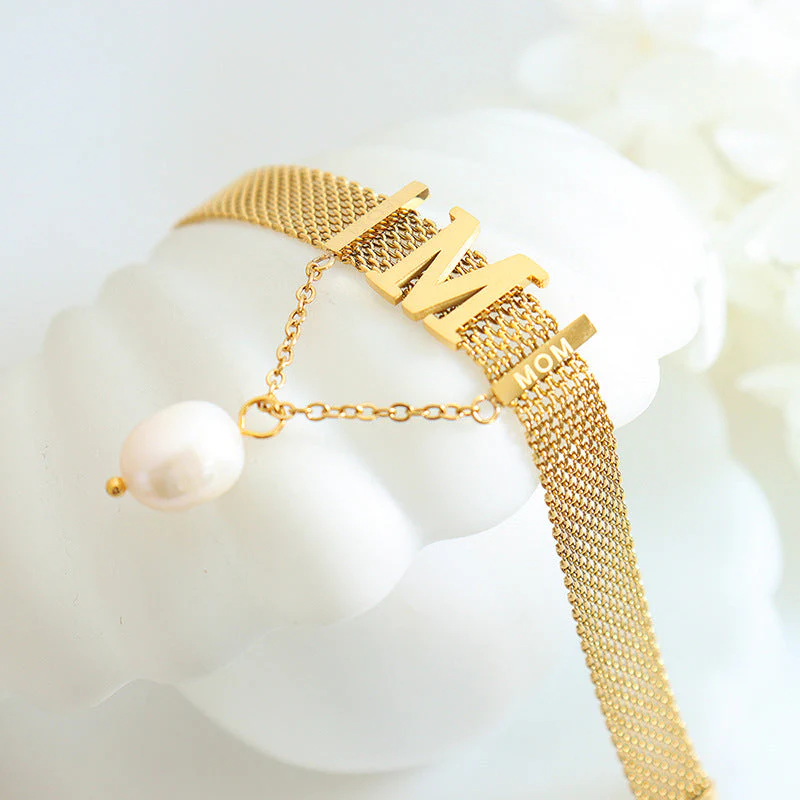 Letter M Pearl Pendant Wide Flat Necklace and Bracelet Set