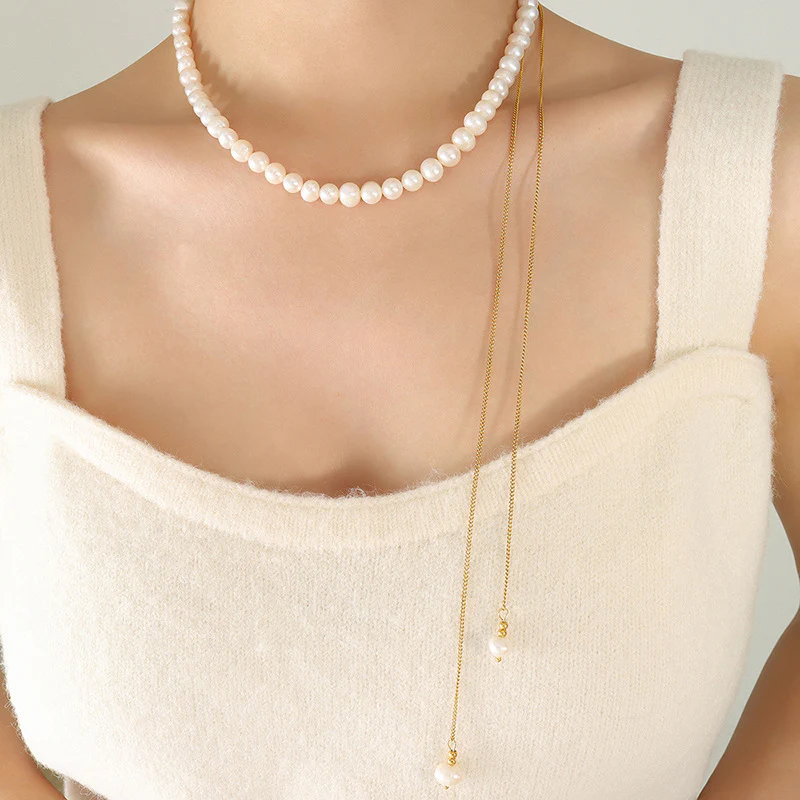 Multi Wear Ways Pullable Long Gold Sweater Chain Freshwater Pearl Necklace