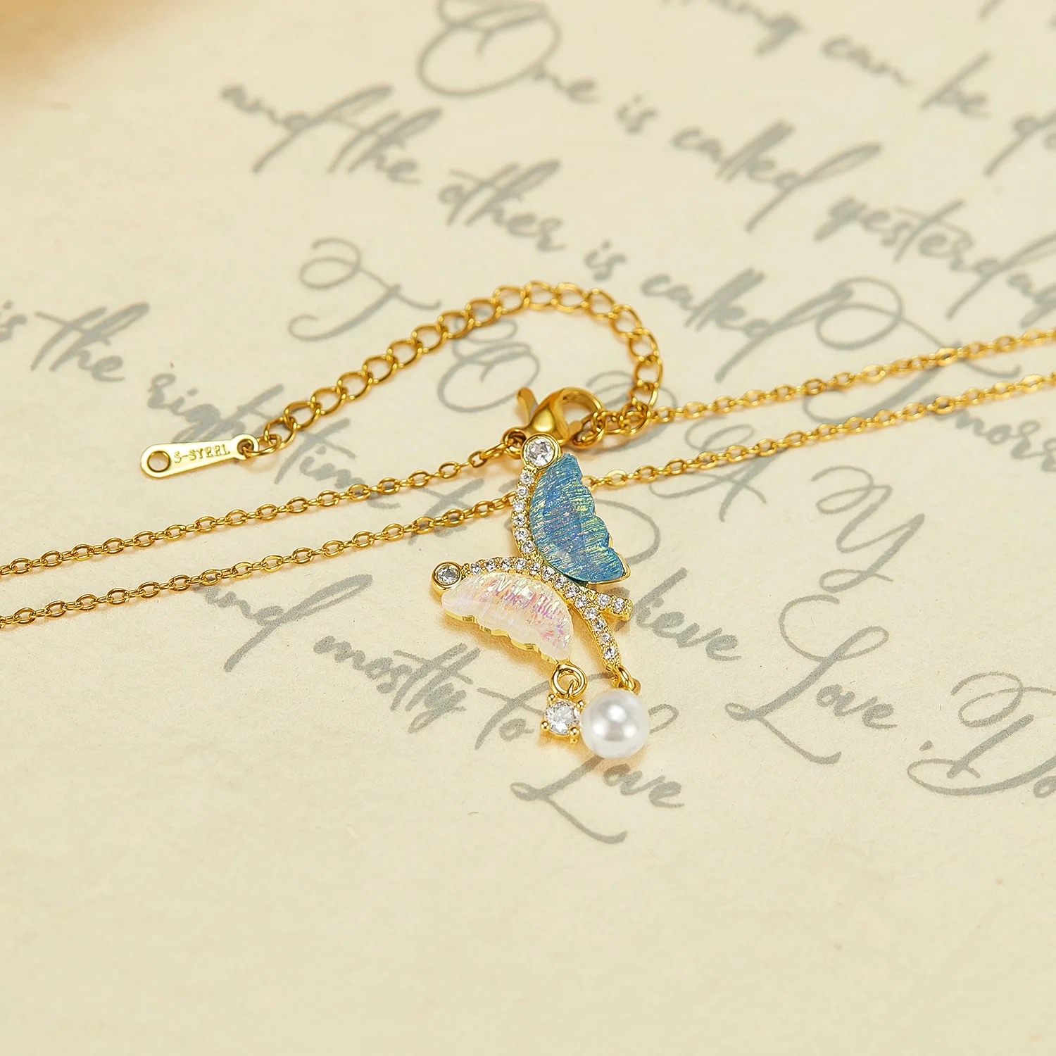 Dazzling Blue Butterfly Pearl Drop Pendant Necklace