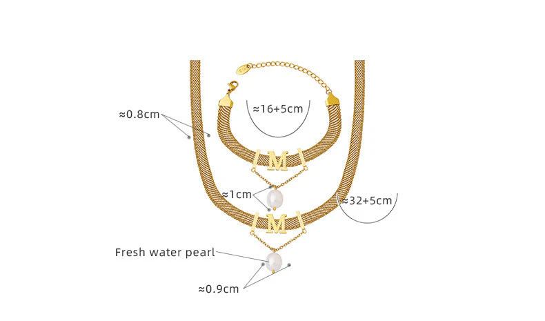 Letter M Pearl Pendant Wide Flat Necklace and Bracelet Set