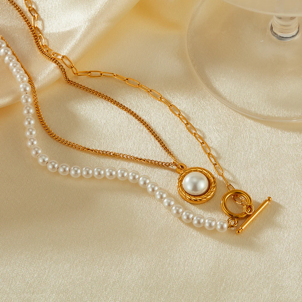 Pearl and OT Clasp Pendant Two Layers Stacked Necklace