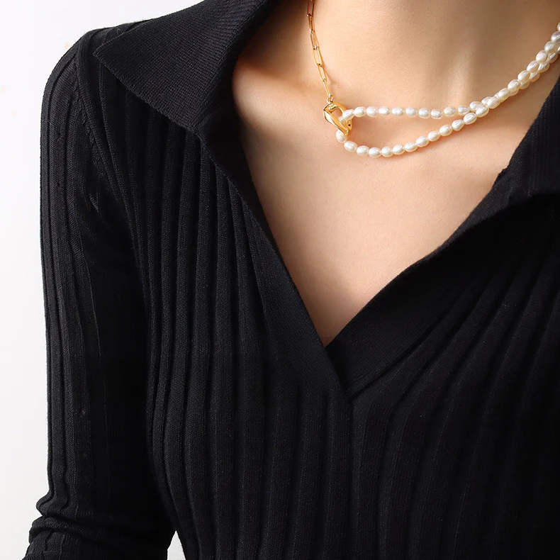 Half Pearl Half Paperclip Chain Necklace