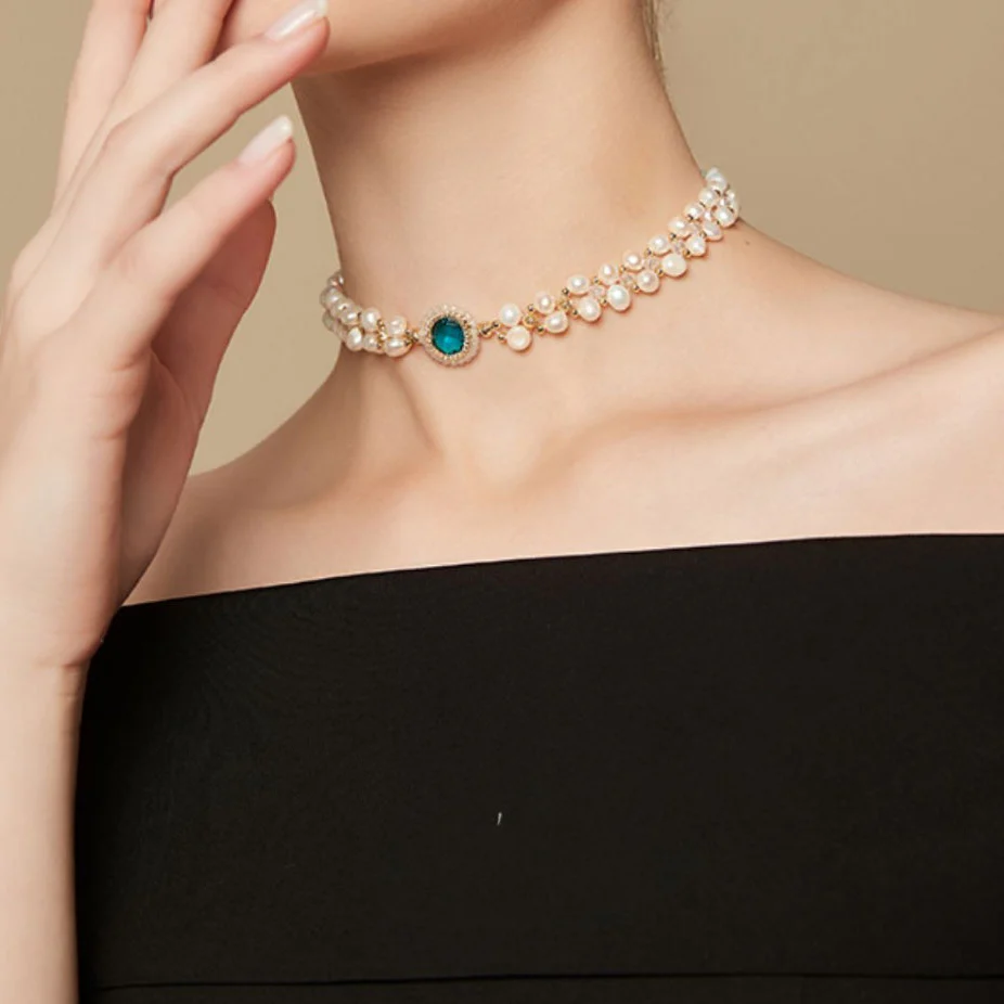 Pearl Choker Necklace Bracelet Set