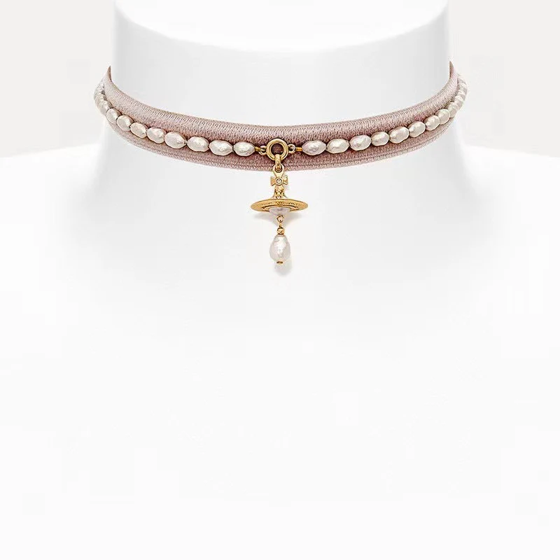 VIVI Ribbon Saturn with Teardrop Pearl Pendant Necklace | Best Replica Jewelry™