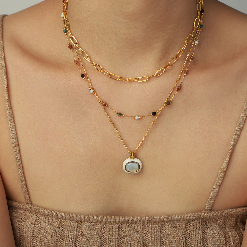 Natural Stone Malachite White Seashell Gold Chain Stacked Necklaces