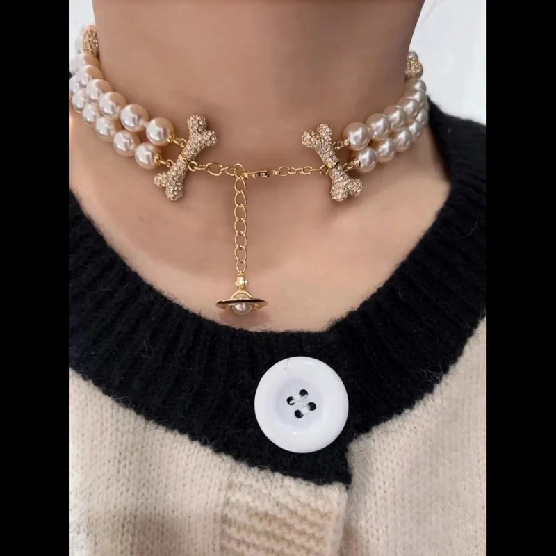 VIVI 2 Row Bone Inlay Diamond Mixing Pearl Necklace | Best Replica Jewelry™