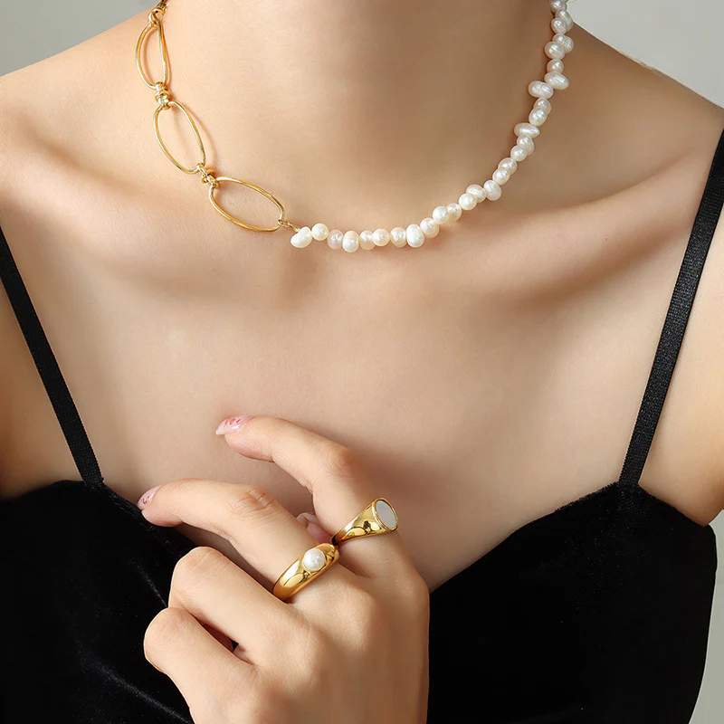 Personality Half Pearl Half Chain Necklace