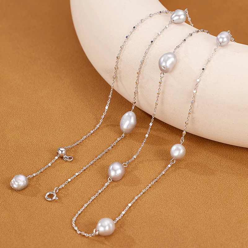 Long Pullable Natural Grey Baroque Pearl Necklace