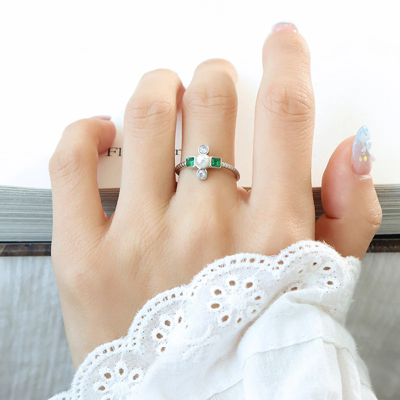 Emerald Zircon and Pearl Cross Ring