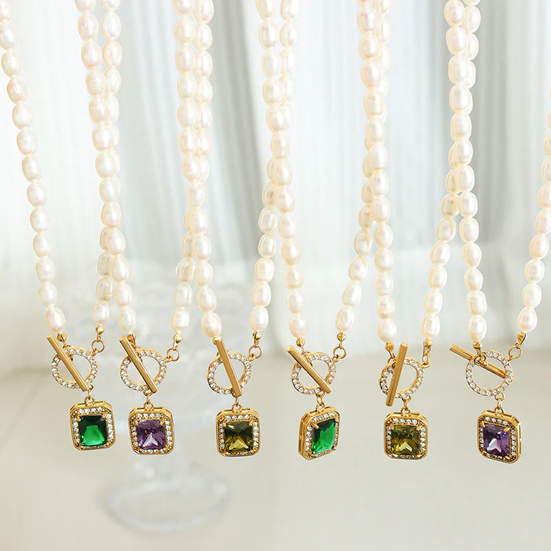 OT Clasp Rectangular Zircon Freshwater Pearl Necklace