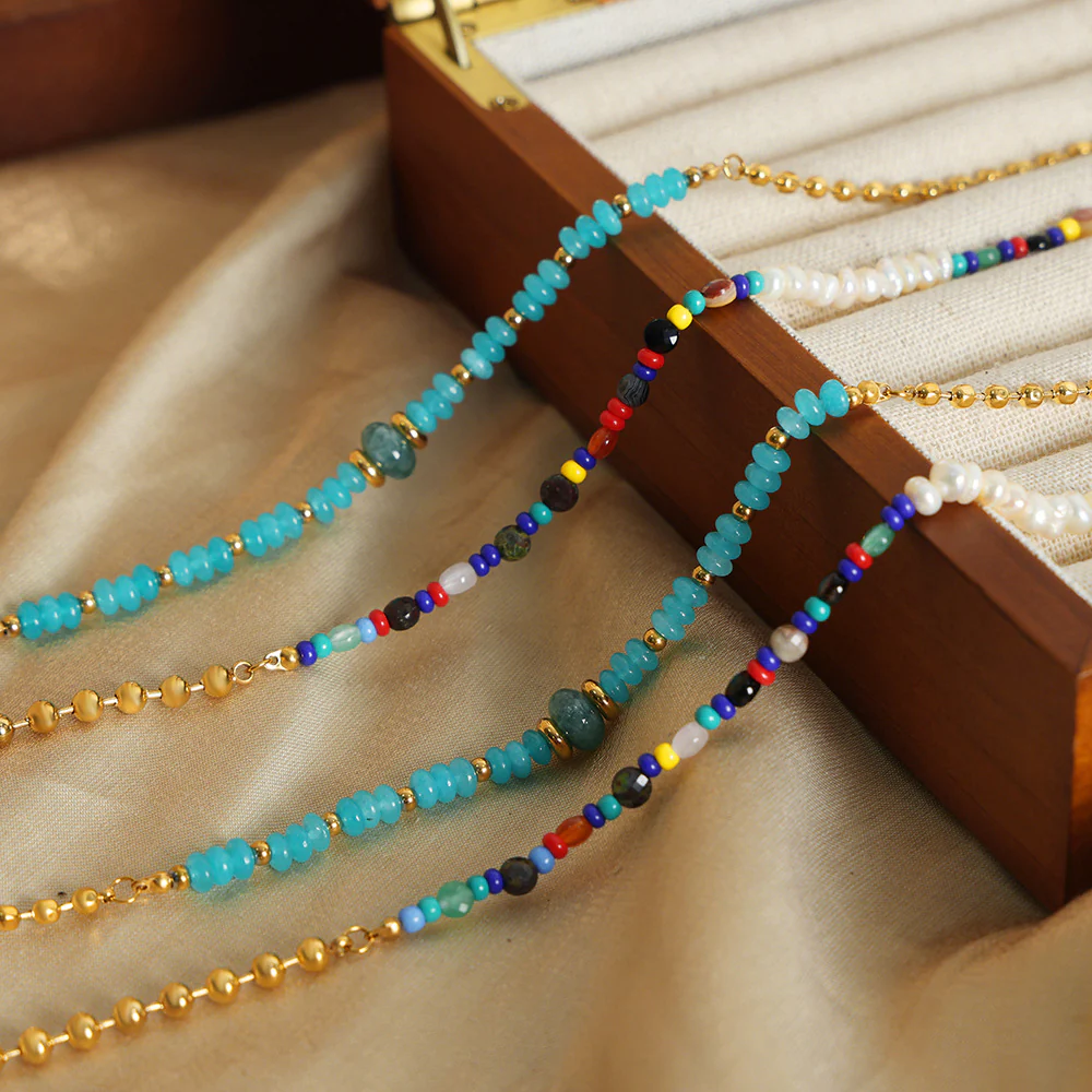 Blue Stone and Freshwater Pearl Bead Necklace