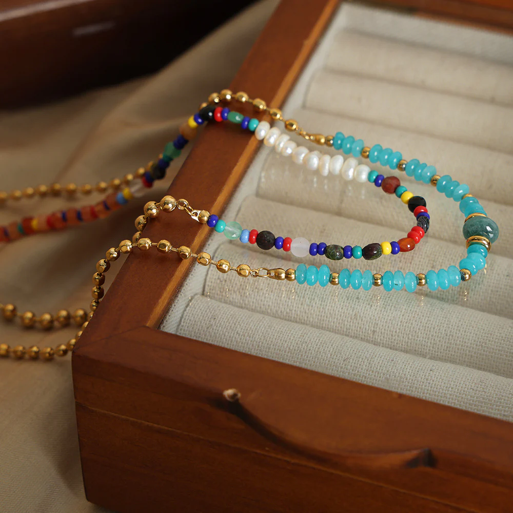 Blue Stone and Freshwater Pearl Bead Necklace