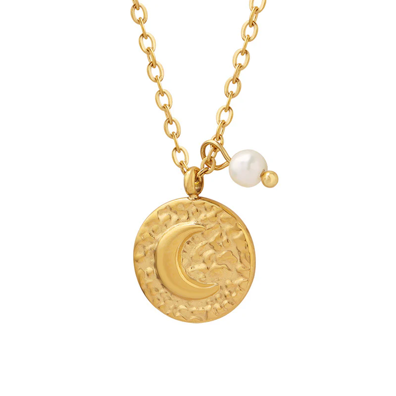 Coin Moon Pendant With Pearl Charm Necklace