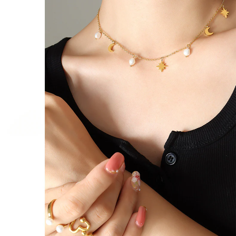 North Star Moon Pearl Necklace With Charms