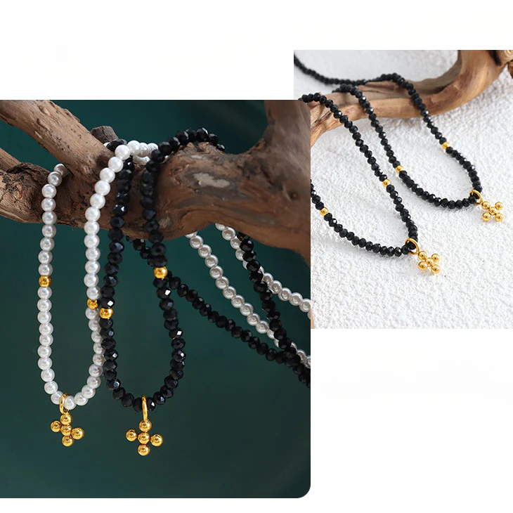 Pearl Necklace With Beads Cross Pendant