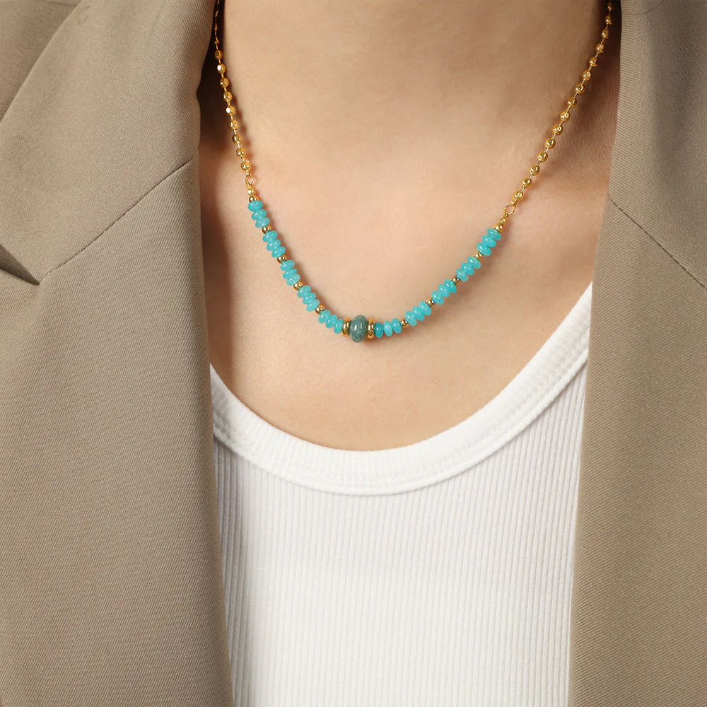 Blue Stone and Freshwater Pearl Bead Necklace