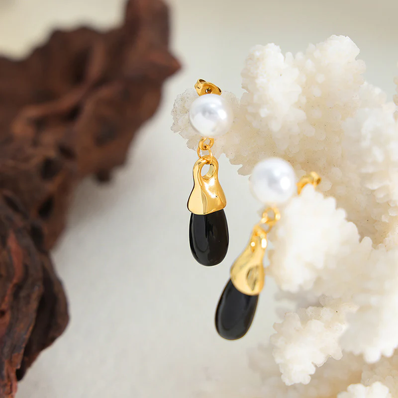 Drop Black Glass Stone Pearl Stud Earrings