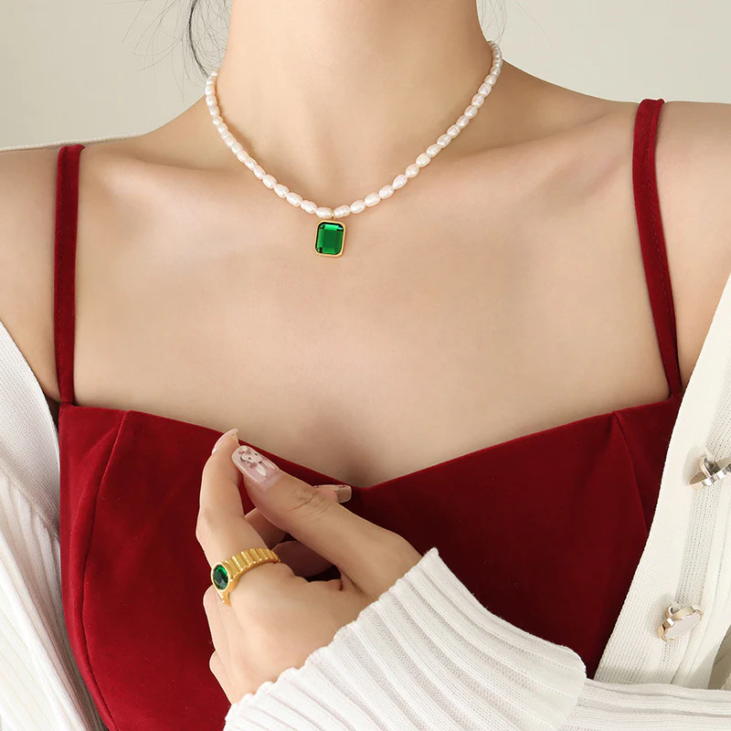 Vintage Rectangle Crystal Pendant Freshwater Pearl Necklace